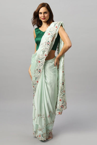 Buy Sheena Crepe Silk Embroidered Pastel Green One Minute Saree Online - One Minute Saree