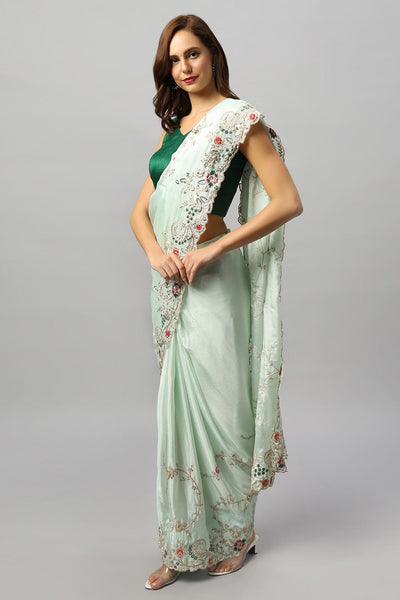 Buy Sheena Crepe Silk Embroidered Pastel Green One Minute Saree Online