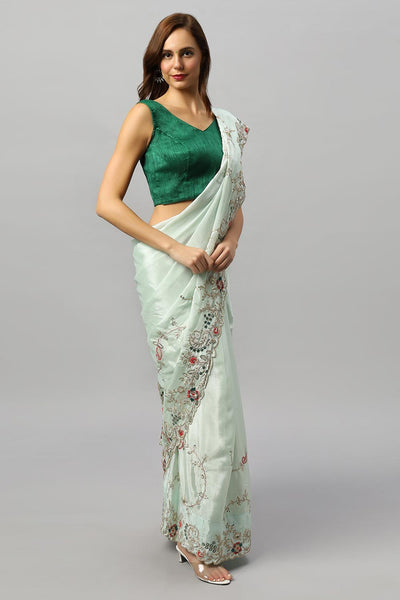 Buy Sheena Crepe Silk Embroidered Pastel Green One Minute Saree Online - Back
