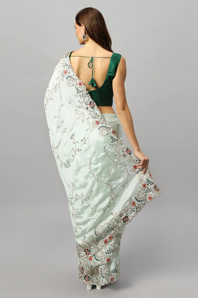 Buy Sheena Crepe Silk Embroidered Pastel Green One Minute Saree Online - Front