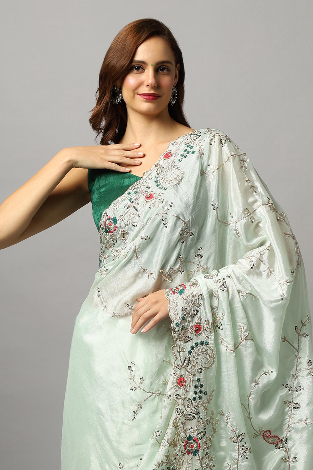 Shop Sheena Crepe Silk Embroidered Pastel Green One Minute Saree at best offer at our  Store - One Minute Saree