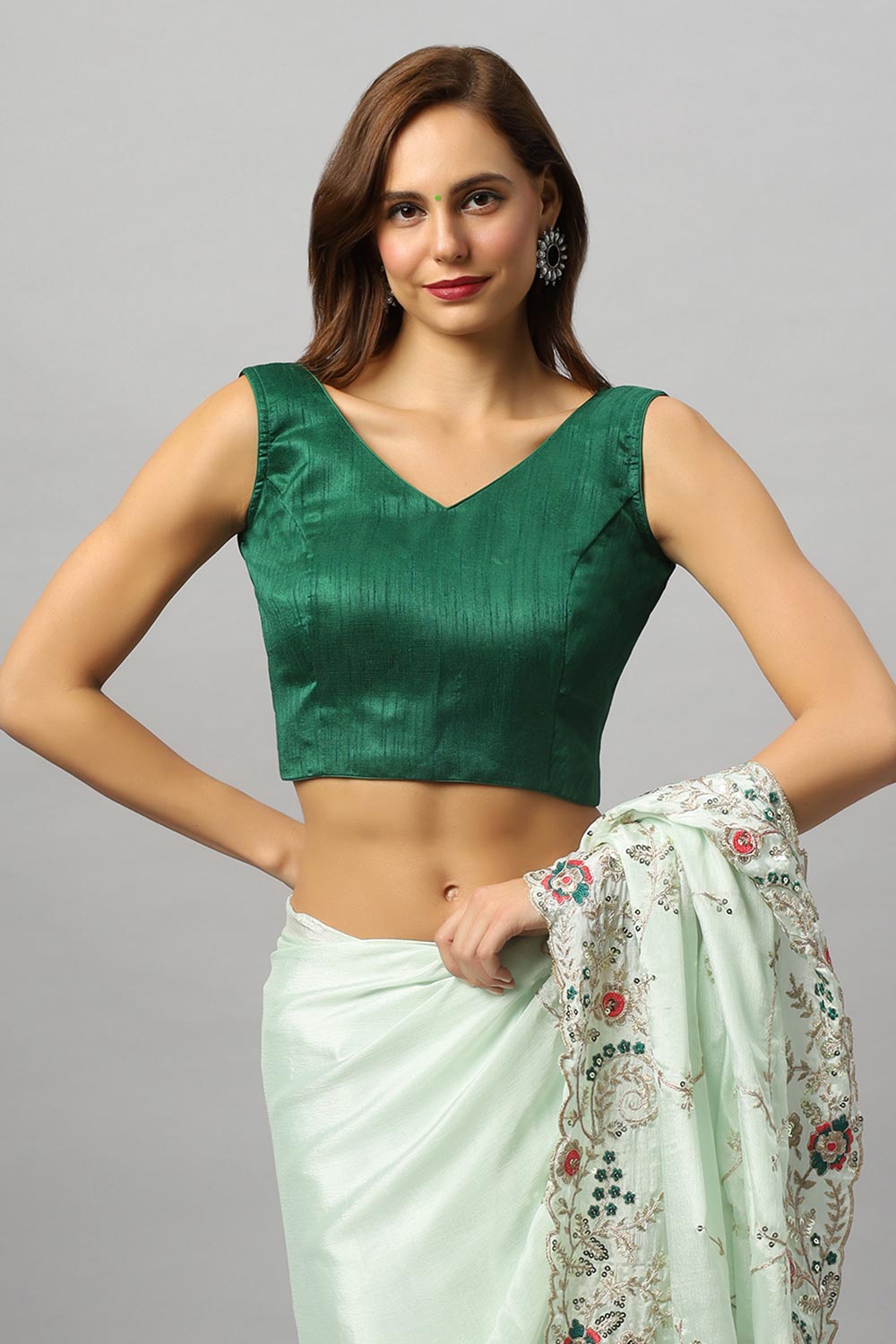 Buy Sheena Crepe Silk Embroidered Pastel Green One Minute Saree Online - Side