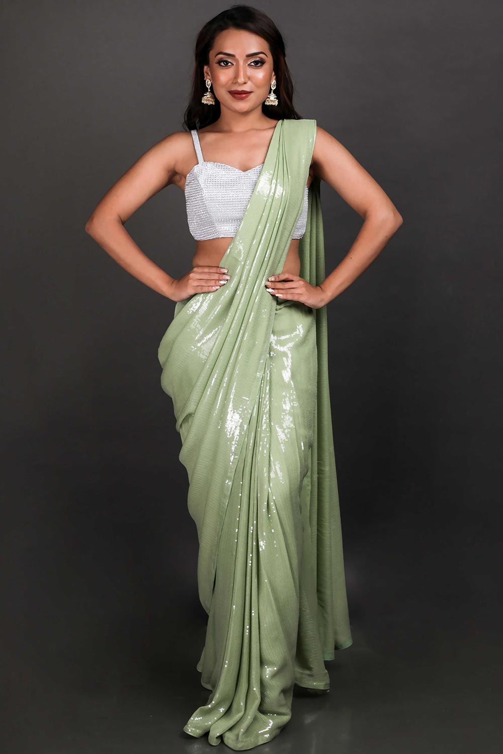 Buy Halena Pastel Light Green Viscose Georgette Water Sequins One Minute Saree Online - One Minute Saree