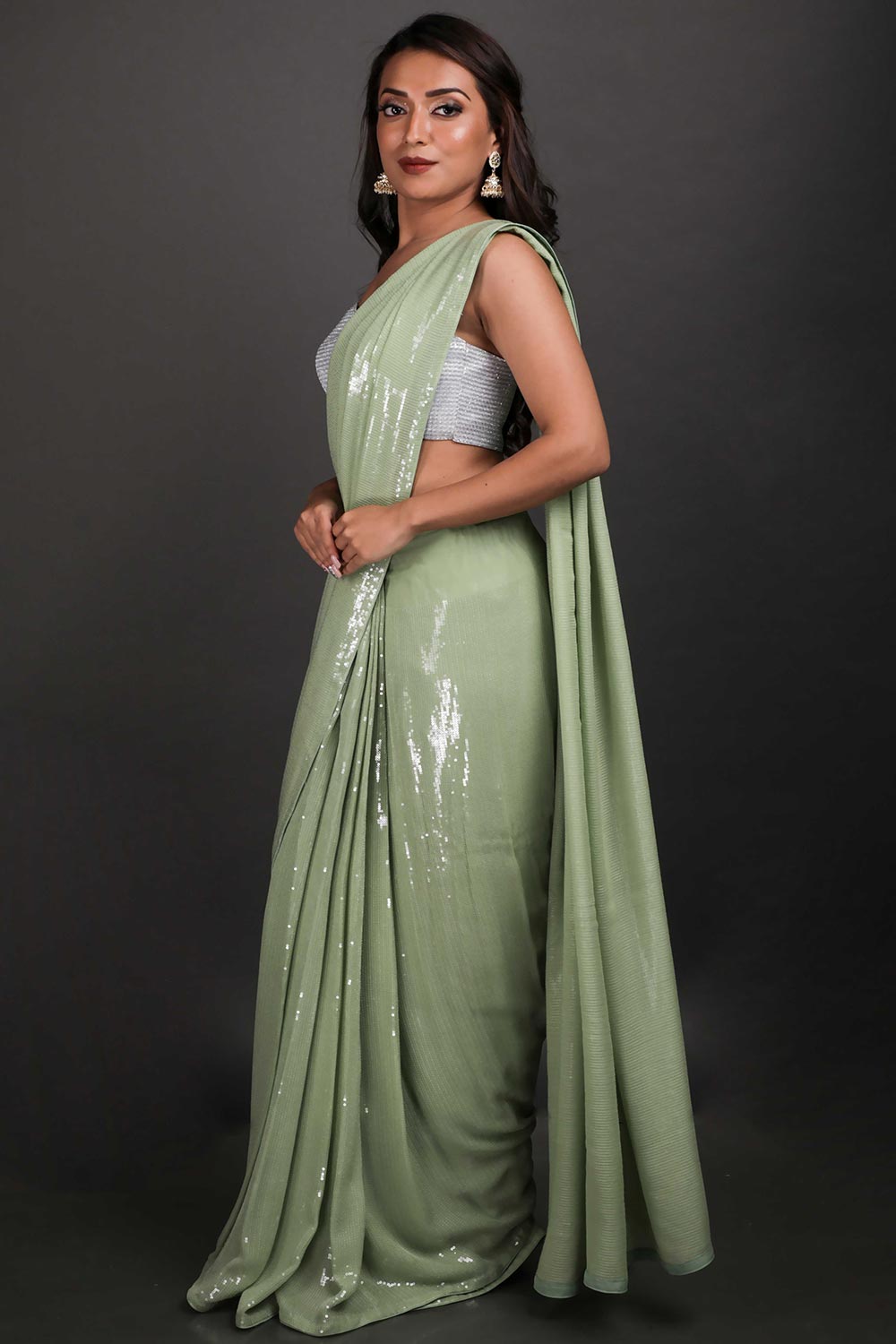 Shop Halena Pastel Light Green Viscose Georgette Water Sequins One Minute Saree at best offer at our  Store - One Minute Saree
