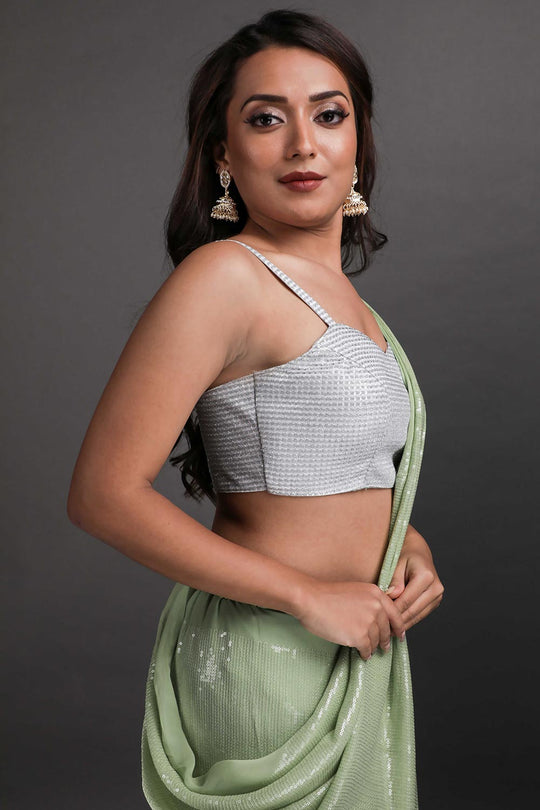 Buy Halena Pastel Light Green Viscose Georgette Water Sequins One Minute Saree Online