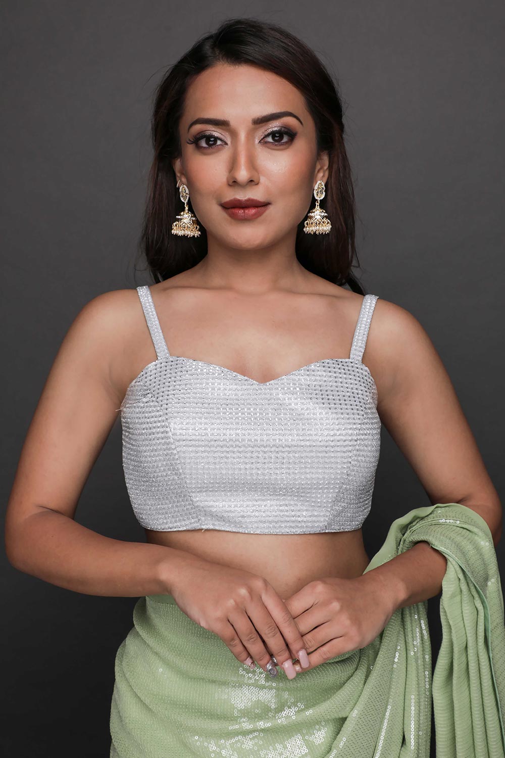 Buy Halena Pastel Light Green Viscose Georgette Water Sequins One Minute Saree Online - Back