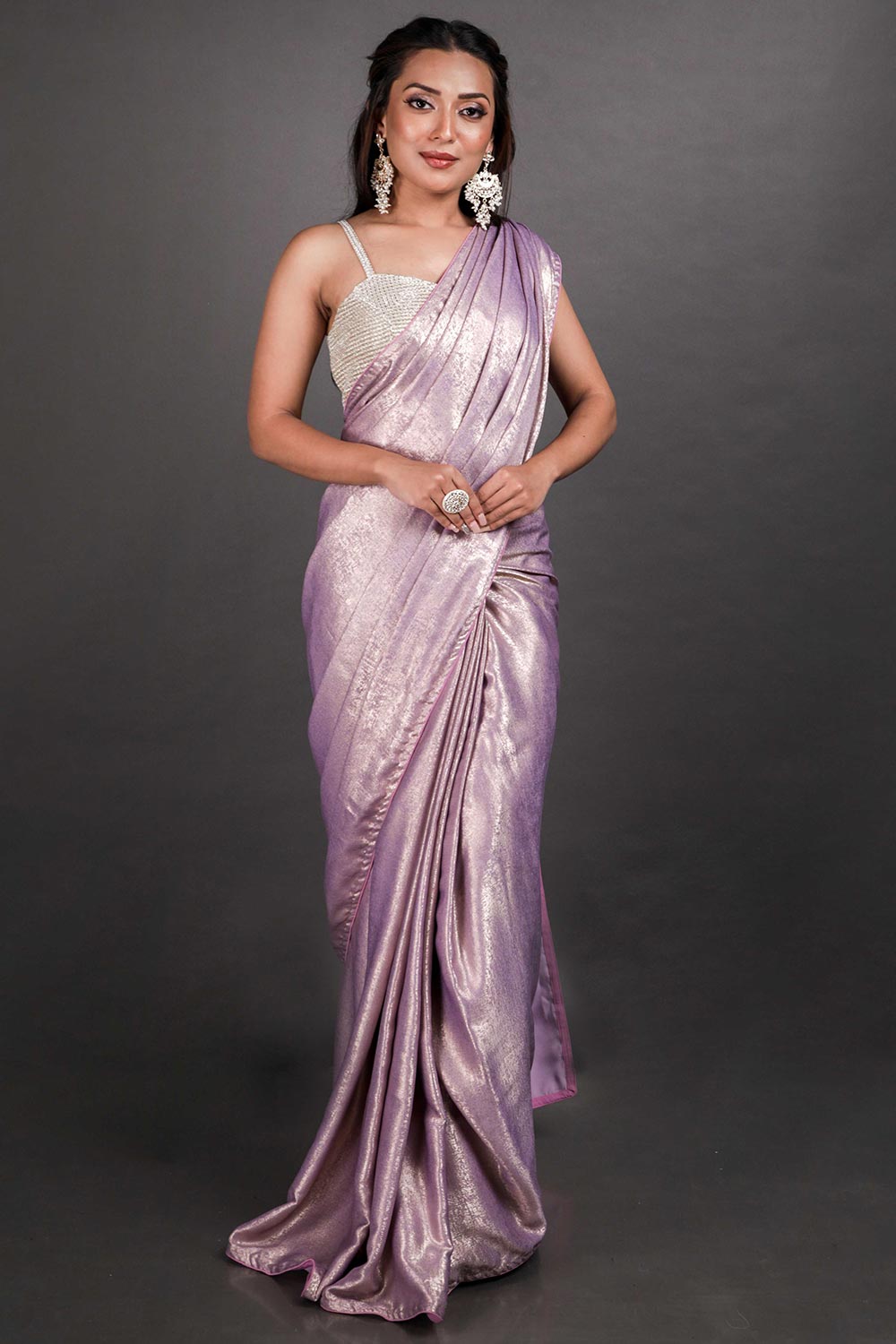 Buy Luna Lilac Gold Shimmer Crepe One Minute Saree Online - One Minute Saree