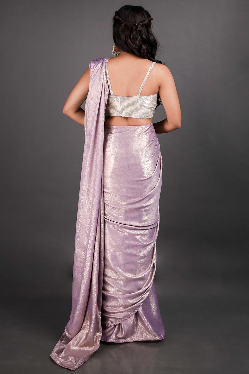 Shop Luna Lilac Gold Shimmer Crepe One Minute Saree at best offer at our  Store - One Minute Saree