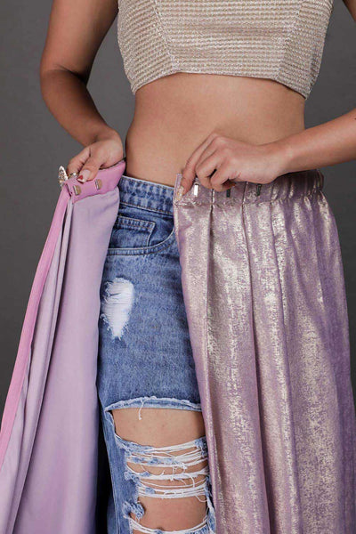 Buy Luna Lilac Gold Shimmer Crepe One Minute Saree Online - Side