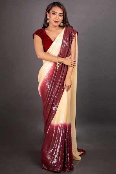 Buy Bianca Beige and Burgundy Ombre Clear Sequins One Minute Saree Online - One Minute Saree