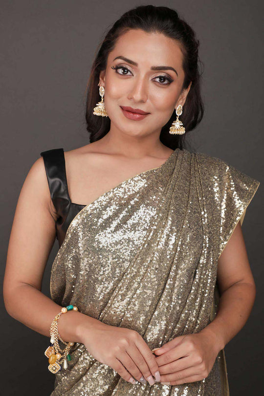 Buy Nova Metallic Gold Net Sequin One Minute Saree Online - Back