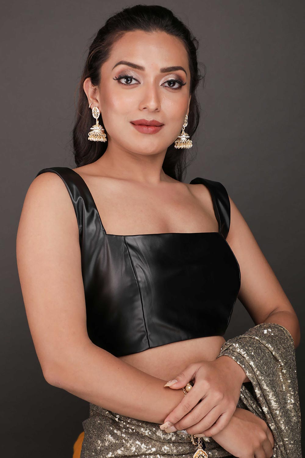 Buy Nova Metallic Gold Net Sequin One Minute Saree Online - Front