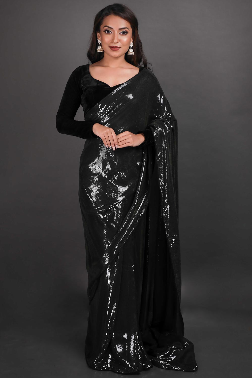 Buy Elana Black Viscose Georgette Sequins One Minute Saree Online - One Minute Saree
