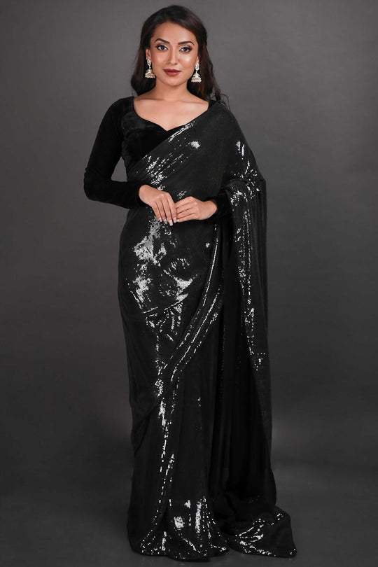 Buy Elana Black Viscose Georgette Sequins One Minute Saree Online - One Minute Saree