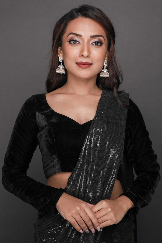 Buy Elana Black Viscose Georgette Sequins One Minute Saree Online