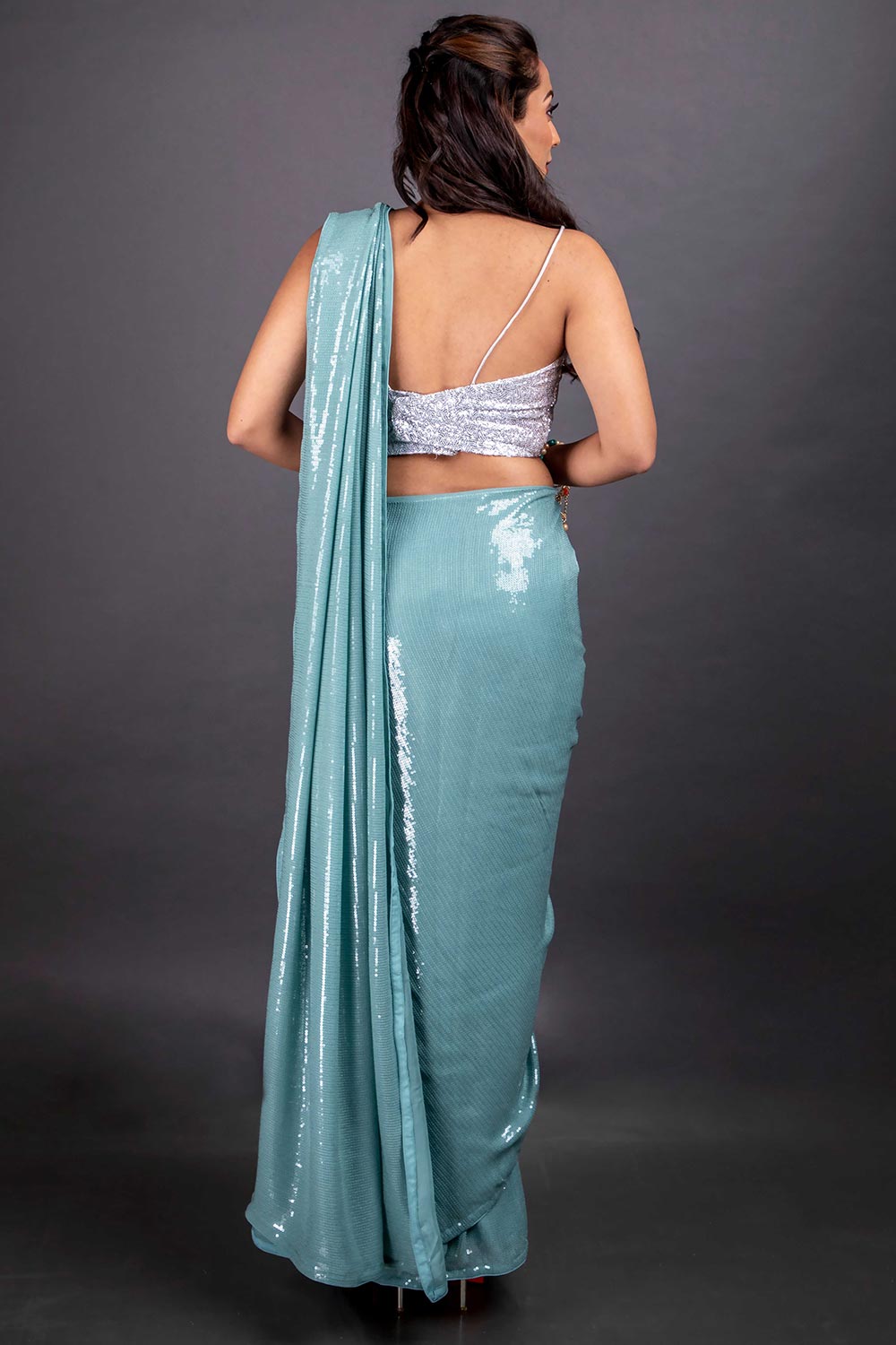 Shop Firoja Pastel Blue Sequins One Minute Saree at best offer at our  Store - One Minute Saree