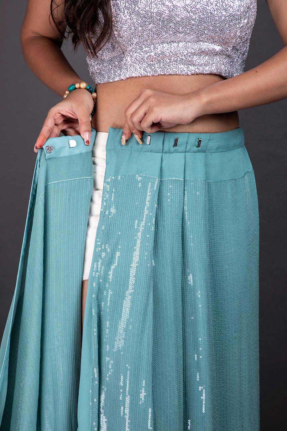 Buy Firoja Pastel Blue Sequins One Minute Saree Online - Back