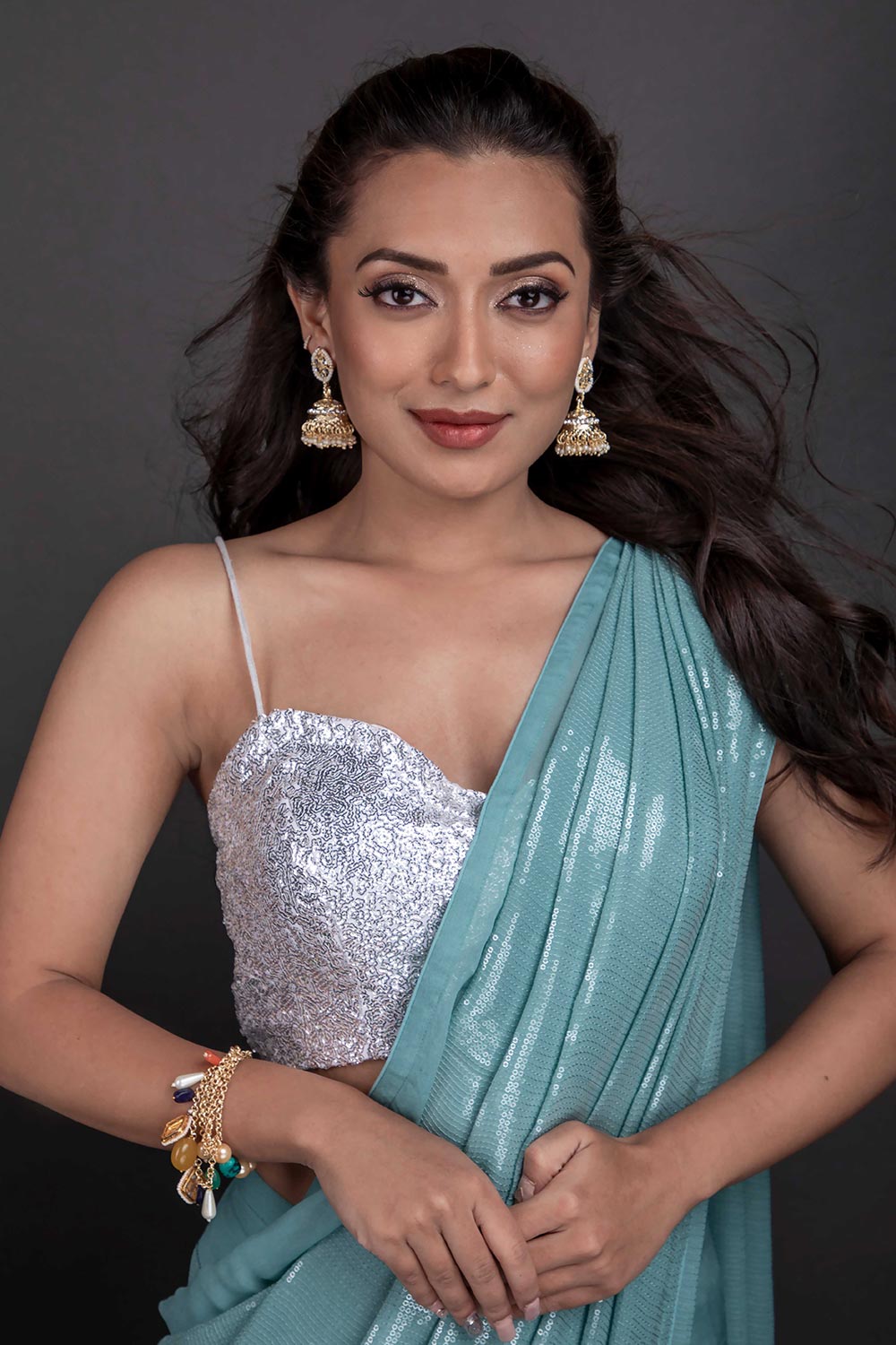 Buy Firoja Pastel Blue Sequins One Minute Saree Online - Front