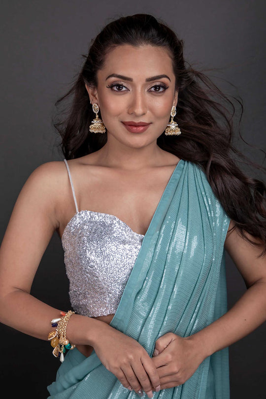 Buy Firoja Pastel Blue Sequins One Minute Saree Online - Front