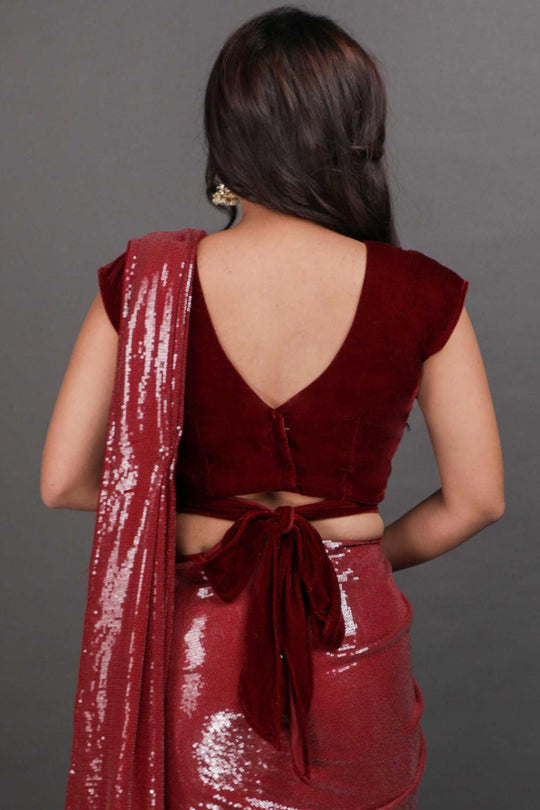 Buy Kanchan Burgundy Water Sequins One Minute Saree Online - Front