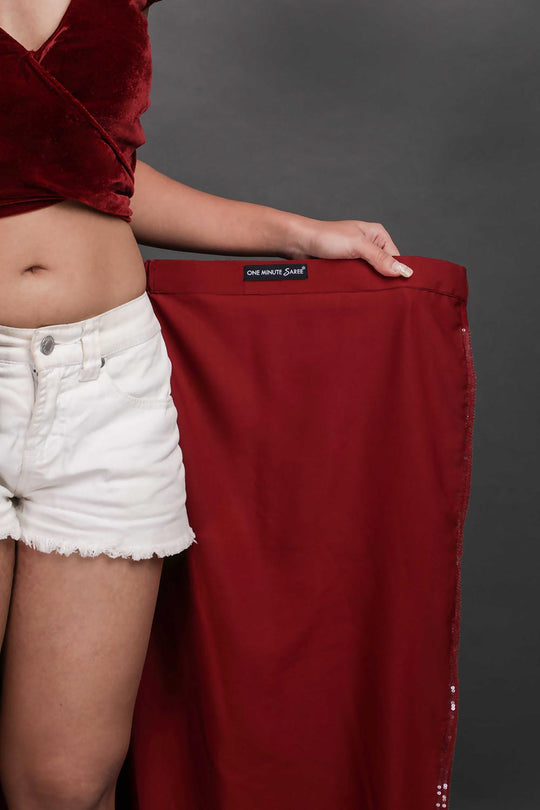 Buy Kanchan Burgundy Water Sequins One Minute Saree Online - Side