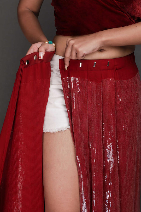 Buy Kanchan Burgundy Water Sequins One Minute Saree Online - Zoom In