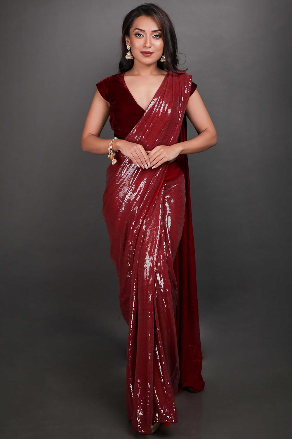 Buy Kanchan Burgundy Water Sequins One Minute Saree Online - One Minute Saree
