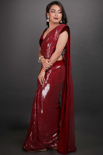 Shop Kanchan Burgundy Water Sequins One Minute Saree at best offer at our  Store - One Minute Saree