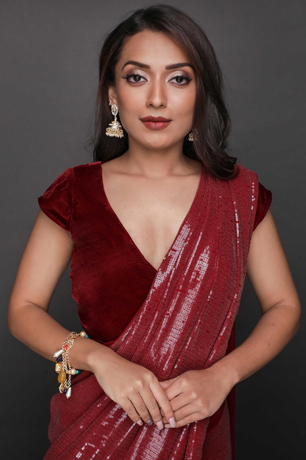 Buy Kanchan Burgundy Water Sequins One Minute Saree Online - Back