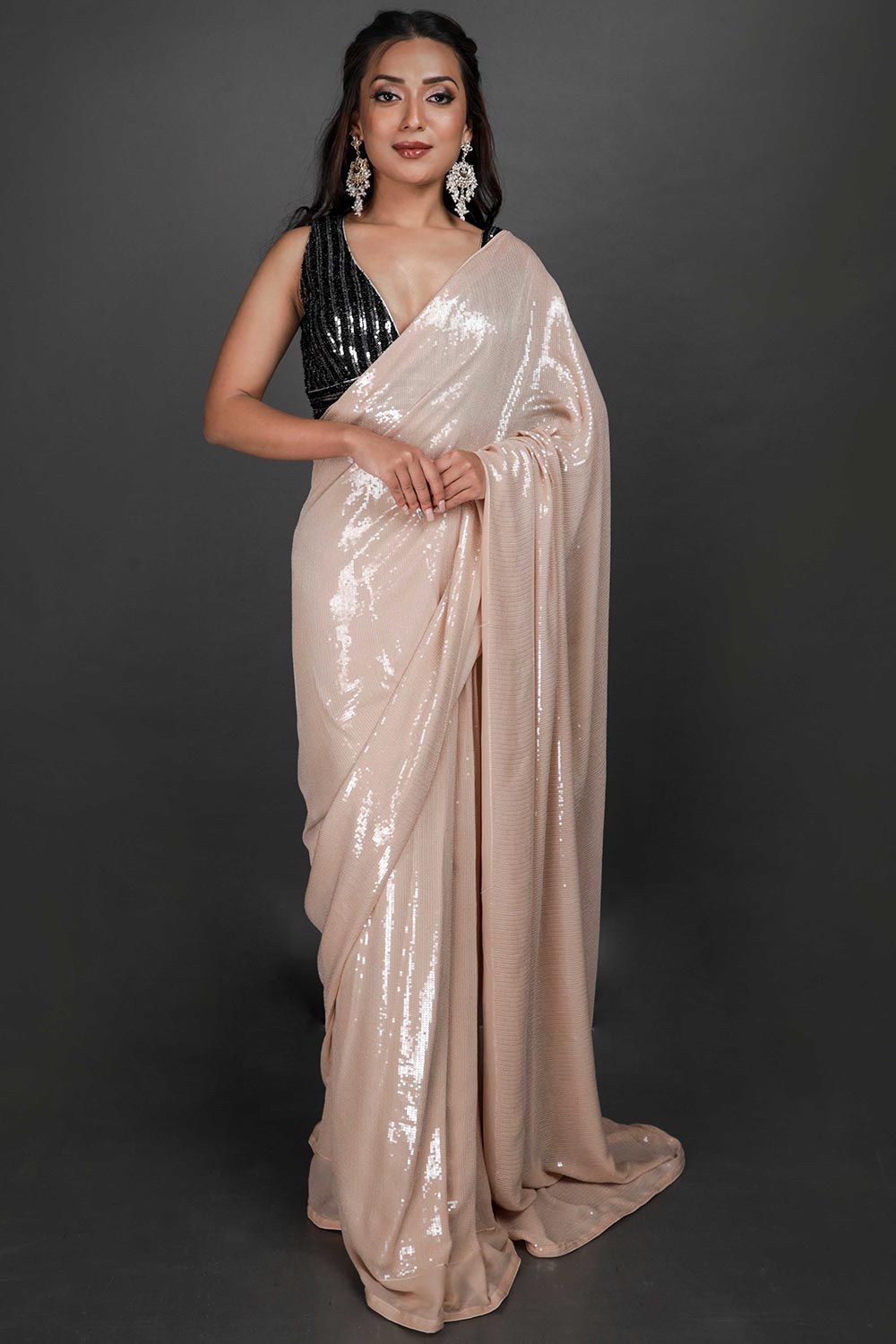 Buy Pippa Beige Viscose Georgette Water Sequins One Minute Saree Online - One Minute Saree