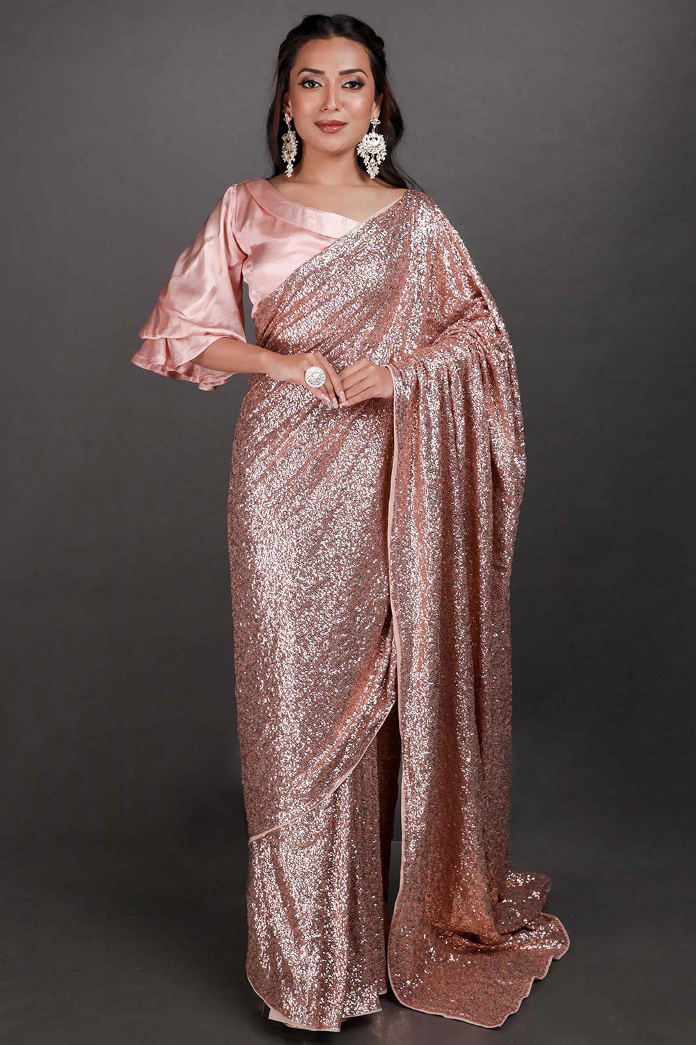 Buy Ujas Rose Gold Scattered Sequins One Minute Saree Online - One Minute Saree