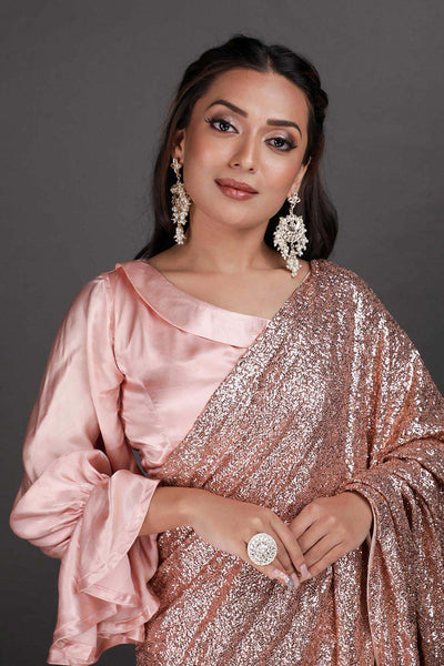 Buy Ujas Rose Gold Scattered Sequins One Minute Saree Online