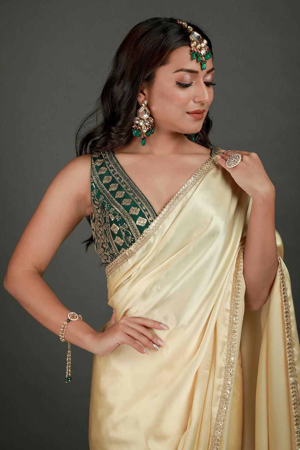 Shop Cassandra Cream Satin Gold Trim One Minute Saree at best offer at our  Store - One Minute Saree