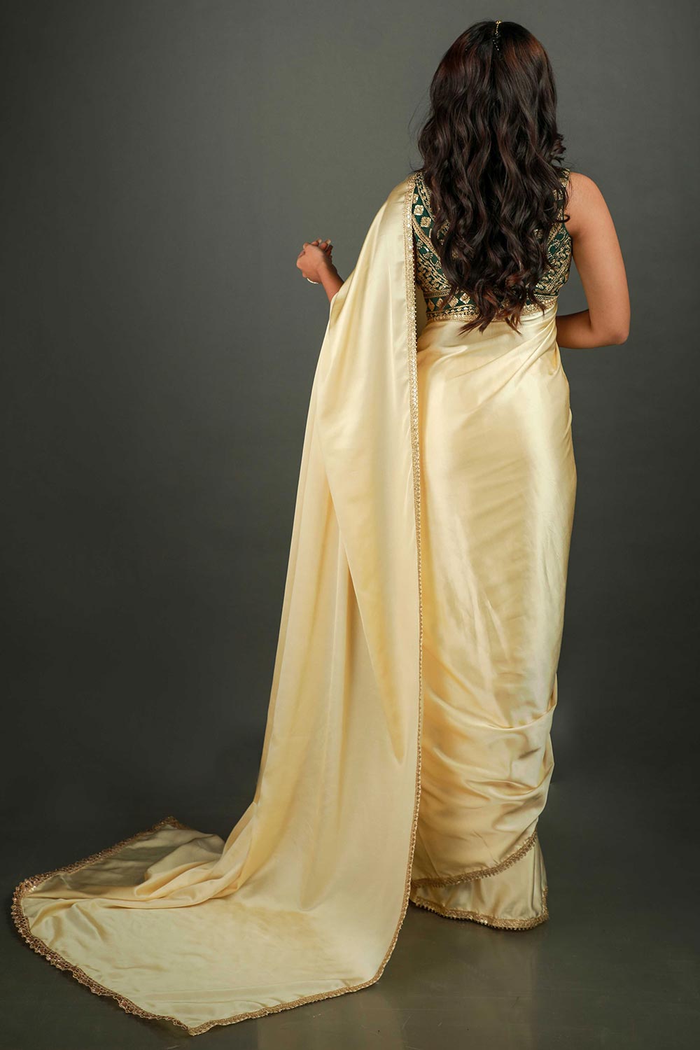 Buy Cassandra Cream Satin Gold Trim One Minute Saree Online