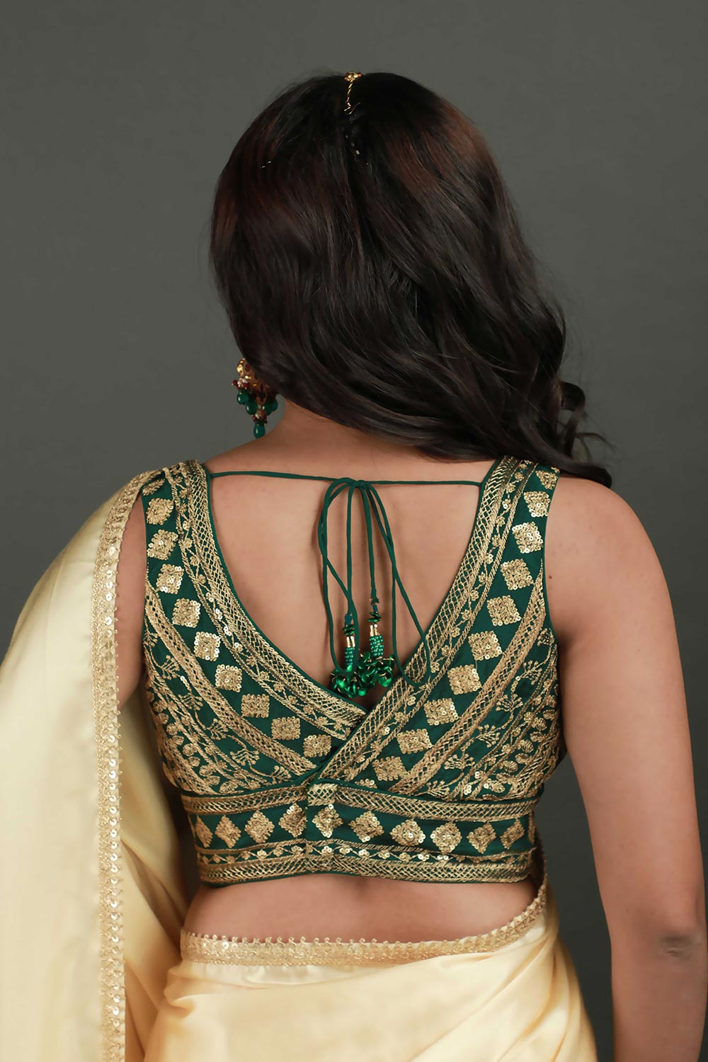 Buy Cassandra Cream Satin Gold Trim One Minute Saree Online - Back