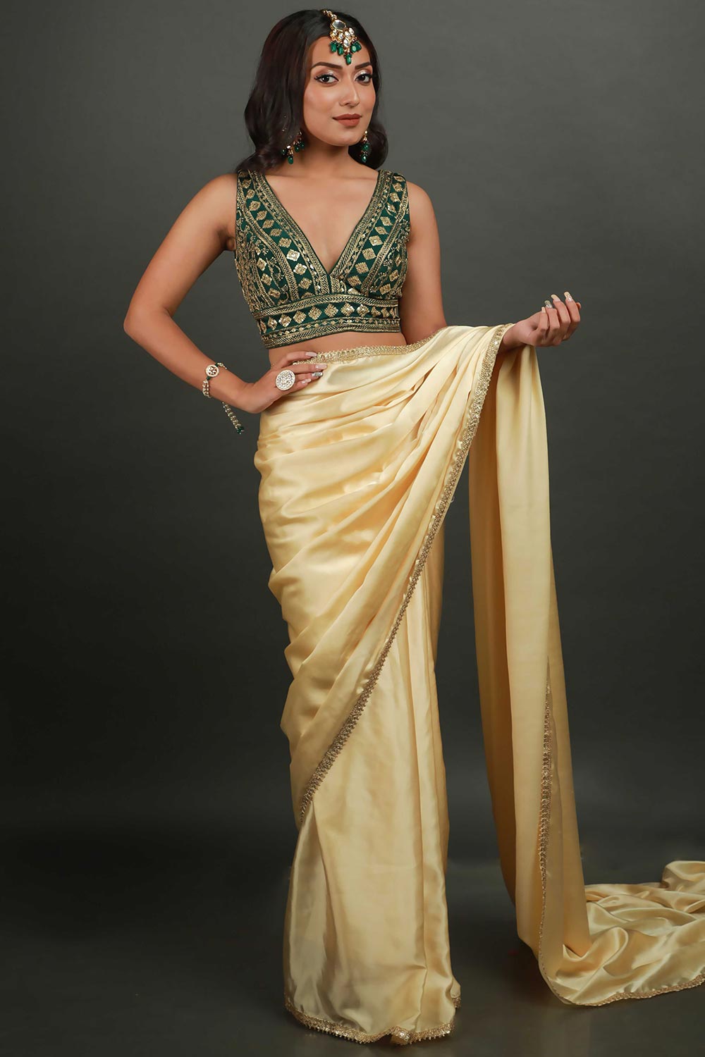 Buy Cassandra Cream Satin Gold Trim One Minute Saree Online - Side