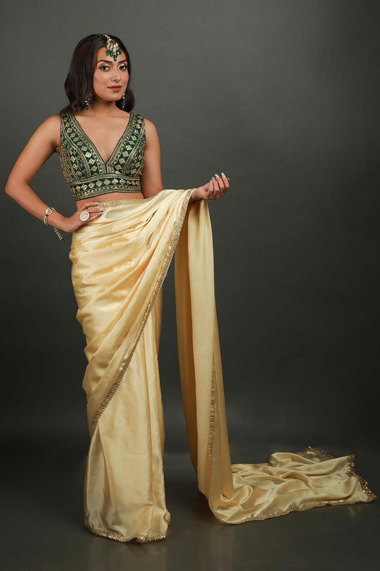 Buy Cassandra Cream Satin Gold Trim One Minute Saree Online - Zoom In