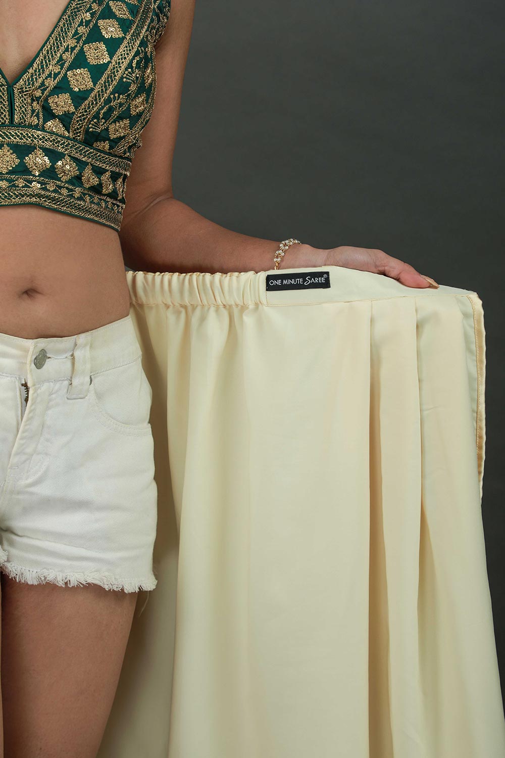 Buy Cassandra Cream Satin Gold Trim One Minute Saree Online - Zoom Out