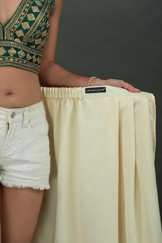 Buy Cassandra Cream Satin Gold Trim One Minute Saree Online - Zoom Out