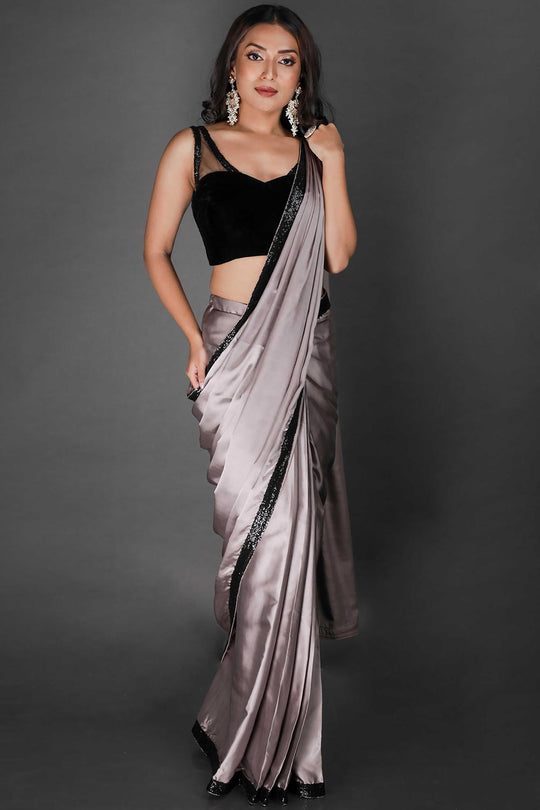 Buy Stella Grey Satin Black Sequins Trim One Minute Saree Online - One Minute Saree