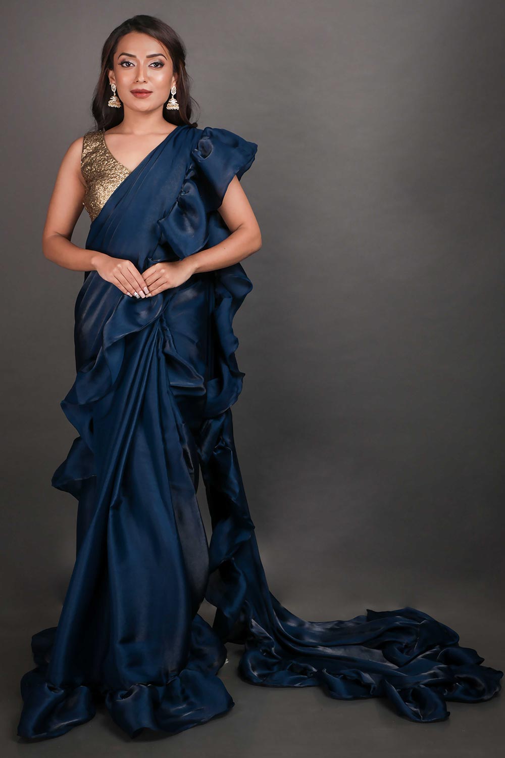 Buy Trina Teal Blue Organza Blend Ruffle One Minute Saree Online - One Minute Saree