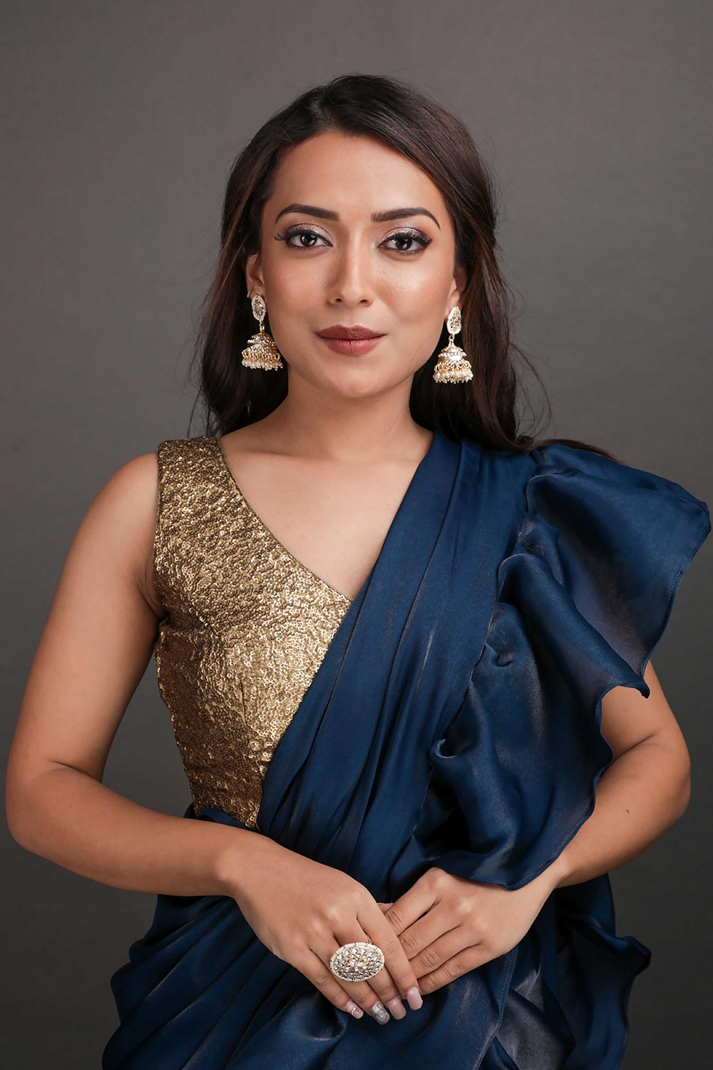 Buy Trina Teal Blue Organza Blend Ruffle One Minute Saree Online - Back