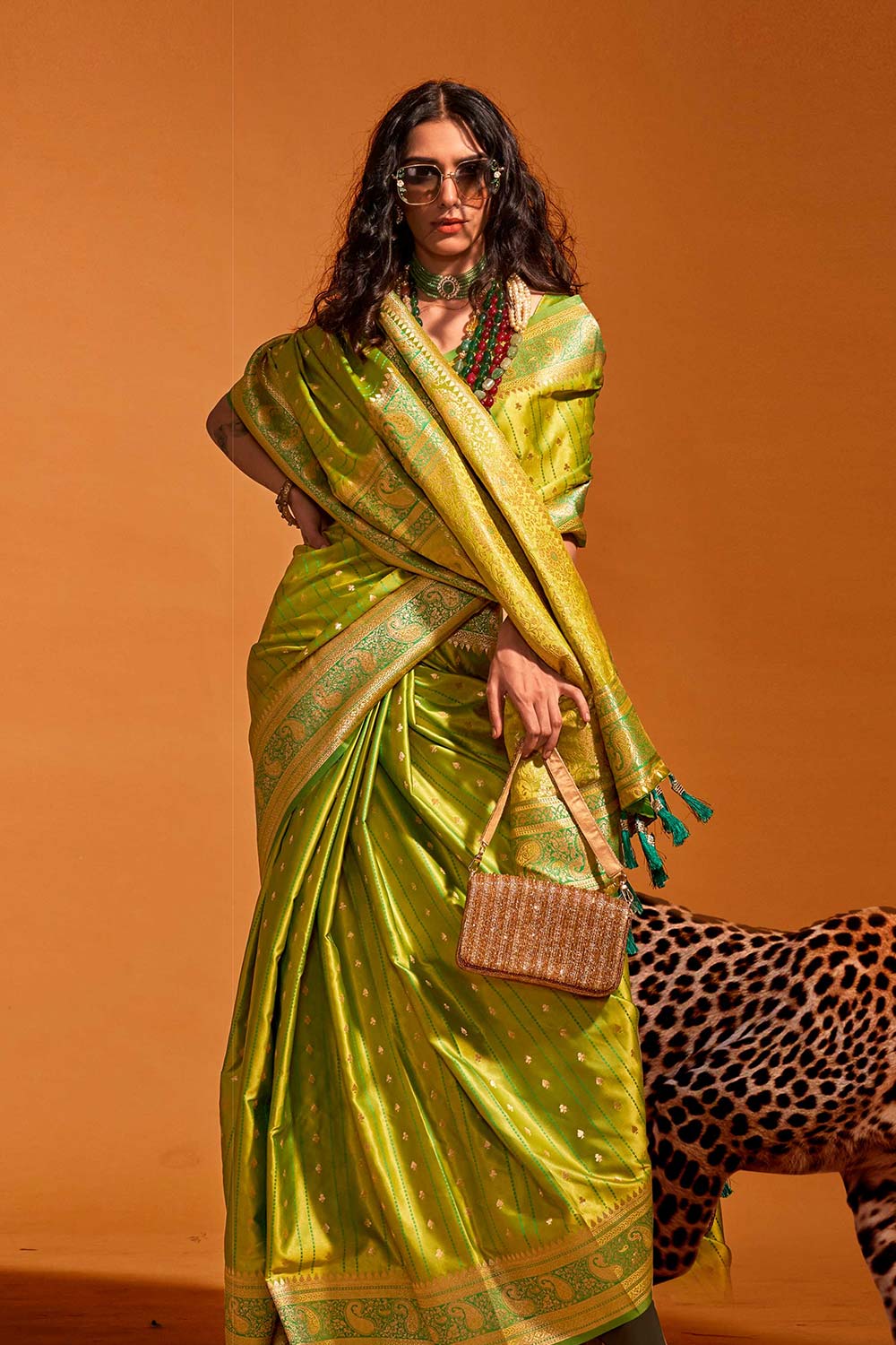 Shop Malahi Green Pure Satin Foil Print One Minute Saree at best offer at our  Store - One Minute Saree