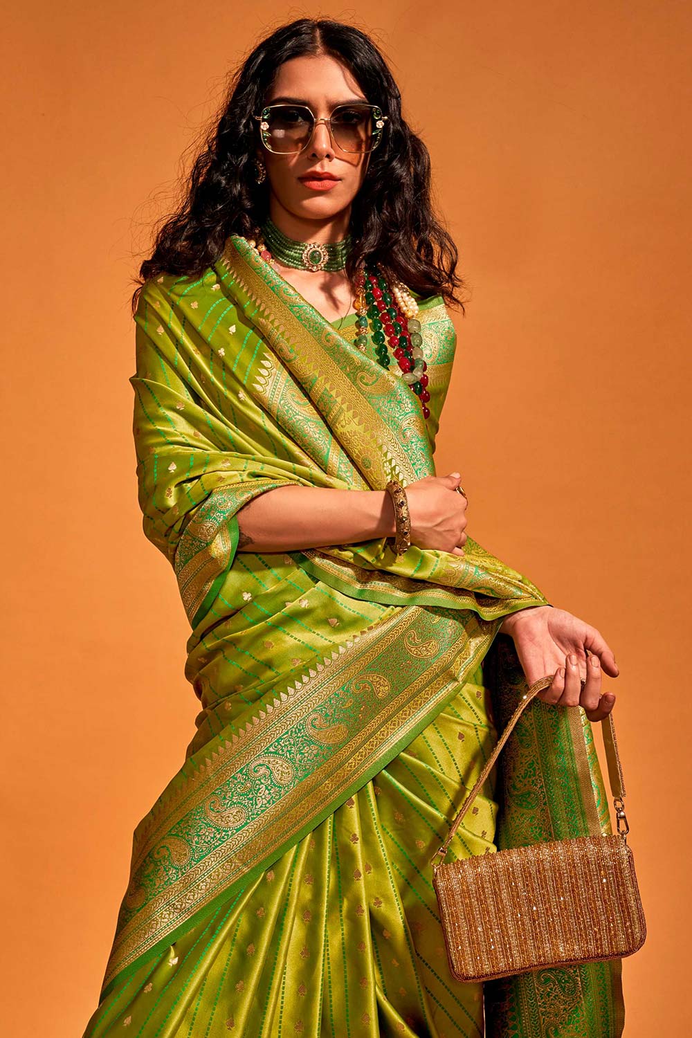 Buy Malahi Green Pure Satin Foil Print One Minute Saree Online