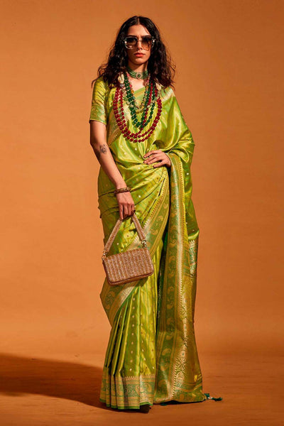 Buy Malahi Green Pure Satin Foil Print One Minute Saree Online - One Minute Saree
