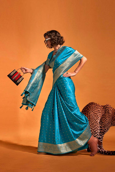 Shop Malahi Blue Pure Satin Foil Print One Minute Saree at best offer at our  Store - One Minute Saree