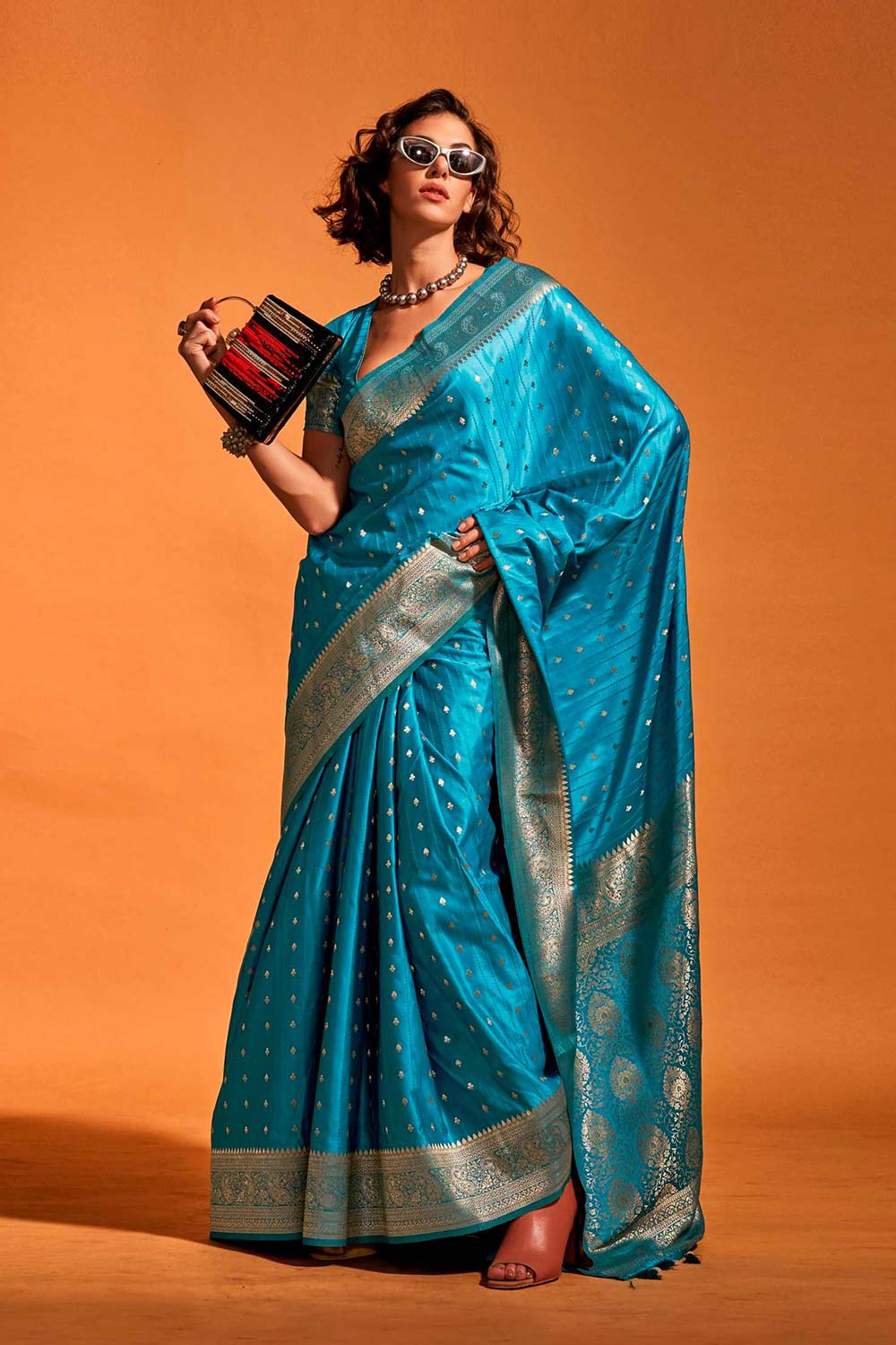 Buy Malahi Blue Pure Satin Foil Print One Minute Saree Online - One Minute Saree