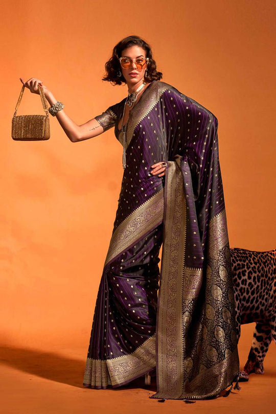 Buy Malahi Purple Pure Satin Foil Print One Minute Saree Online - One Minute Saree