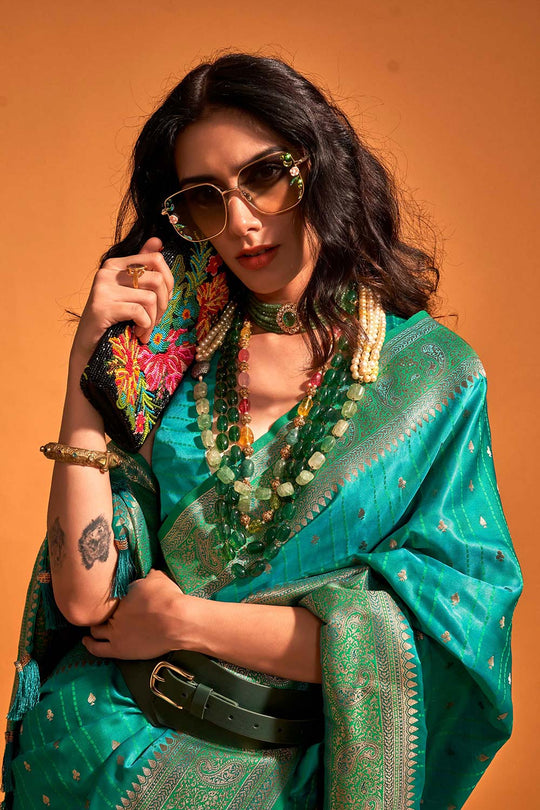 Shop Malahi Turquoise Pure Satin Foil Print One Minute Saree at best offer at our  Store - One Minute Saree