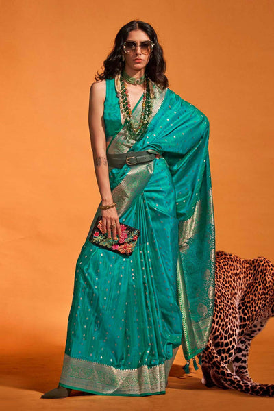 Buy Malahi Turquoise Pure Satin Foil Print One Minute Saree Online - One Minute Saree